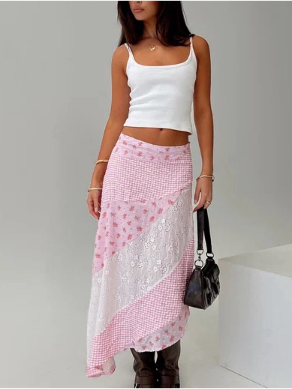 Princess Polly Rennar Maxi Skirt Multi Pink Gingham Patchwork Lace Floral Size12